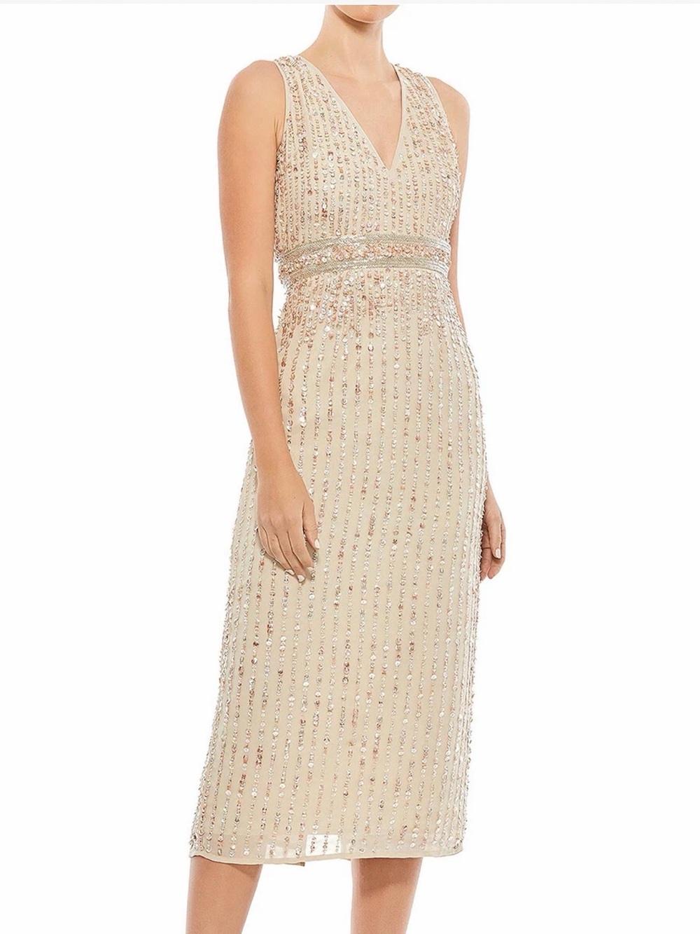Mac Duggal Cream Beaded V-Neck Midi Dress